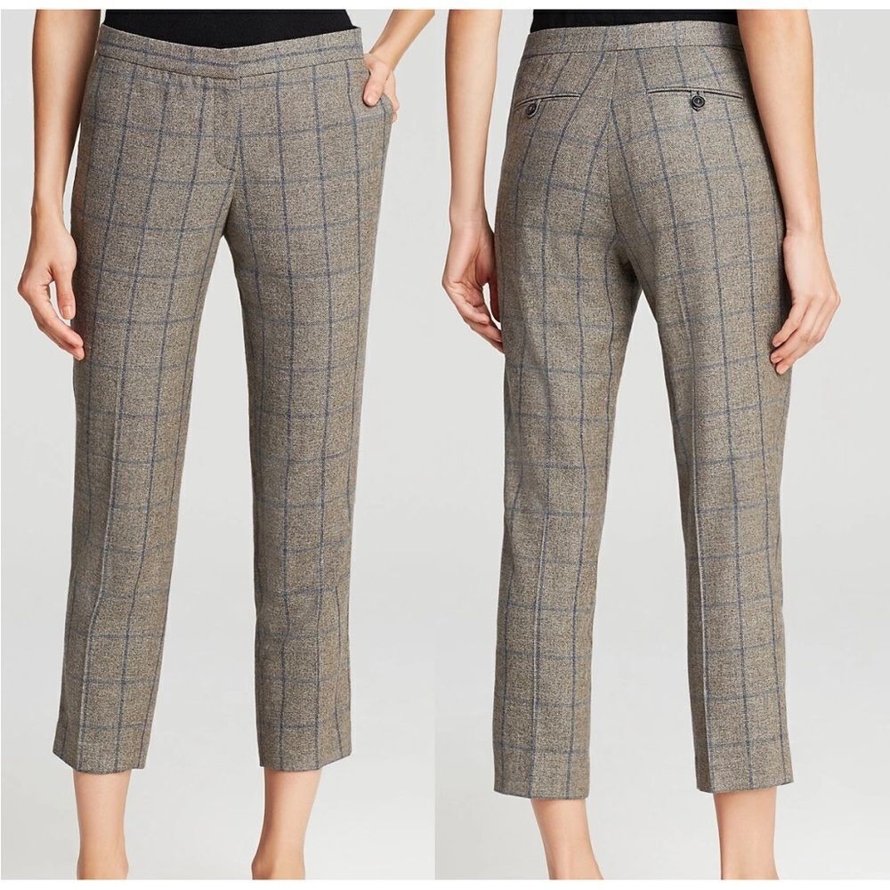 $285 Theory Cropped Wool Blend Windowpane Check Pants Size 12
